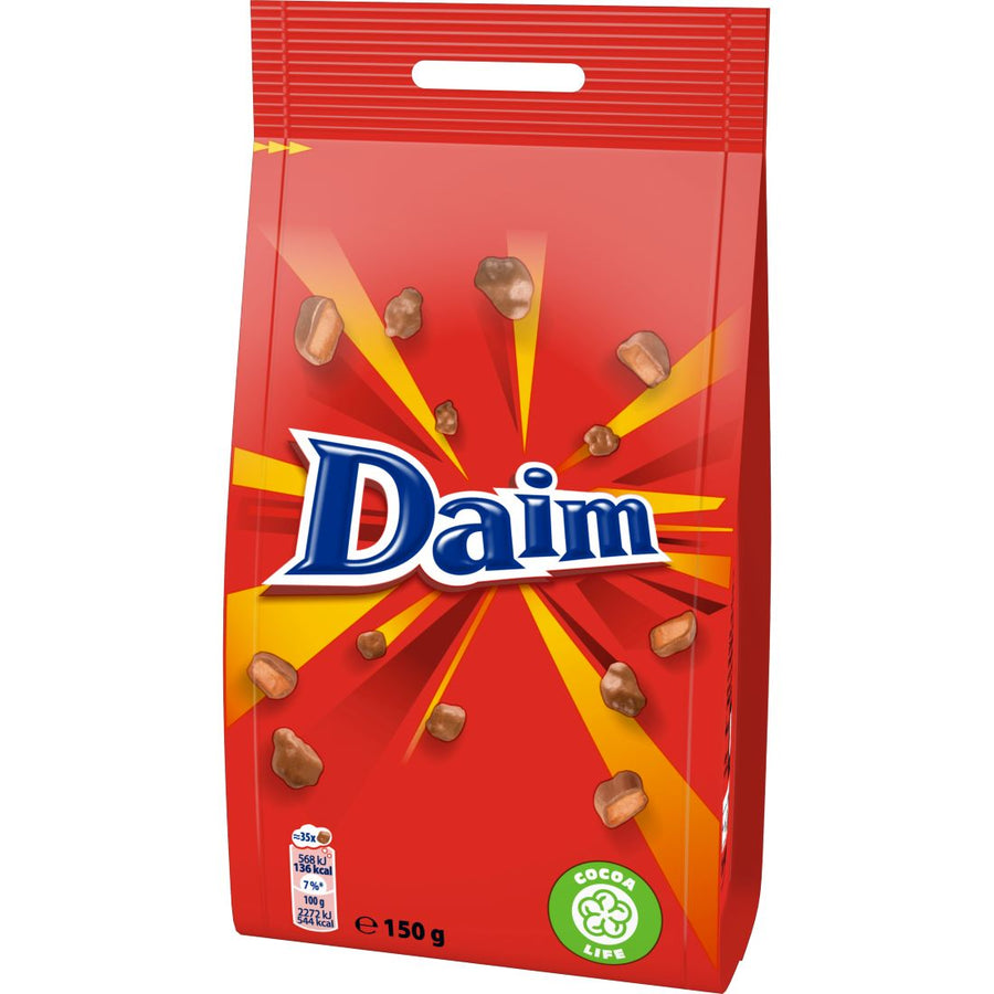 Packung Daim Dragées (150 g) – schokolierte Karamellstückchen im kompakten Beutel für knusprig-süßen Snackgenuss.
