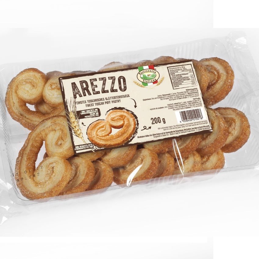 Packung Pasticceria Italiana Blätterteiggebäck Arezzo (200g) mit feinem Blätterteiggebäck aus Italien – knusprig und goldbraun gebacken.