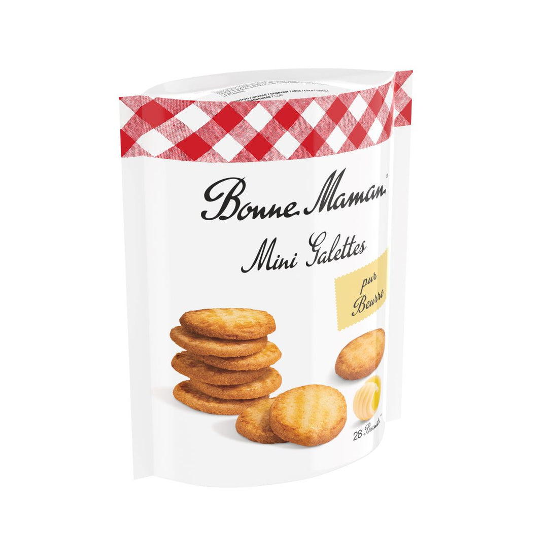 Packung Bonne Maman Mini Galette (100 g) – kleine runde Butterkekse nach französischer Art, goldbraun gebacken in typischer Bonne-Maman-Verpackung.