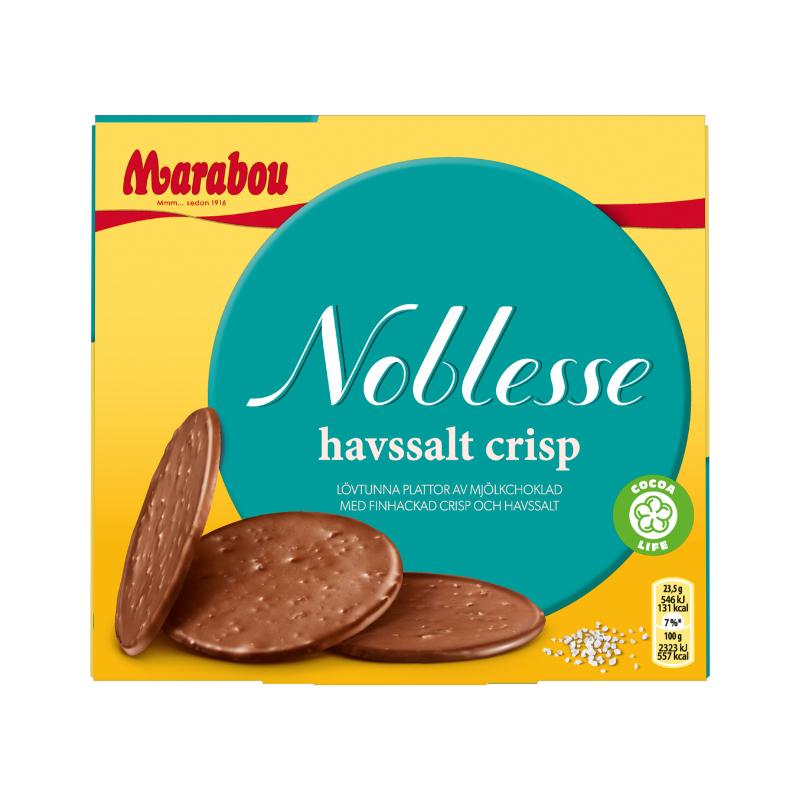 Marabou Noblesse Sea Salt in hauchdünner Form, zarte Marabou Schokolade mit knusprigem Mais und einer Prise Meersalz, perfekt zum Teilen und Verzieren von Kuchen und Torten.