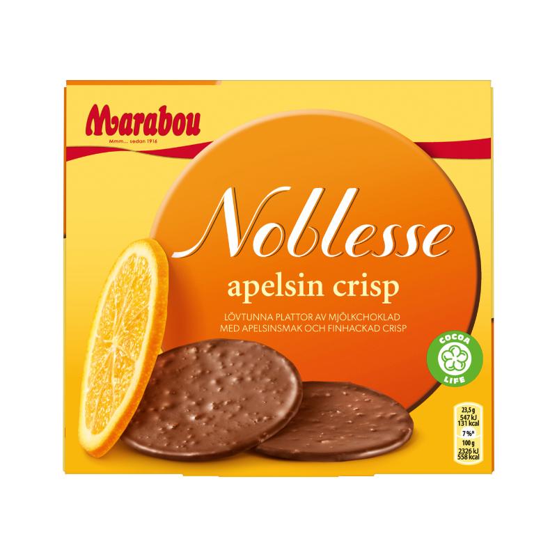 Hauchdünne Schokoladen-Tafeln aus zarter Marabou Schokolade mit knusprigem Knuspermais und einem Hauch von Orange, stilvoll präsentiert in einer eleganten Verpackung.