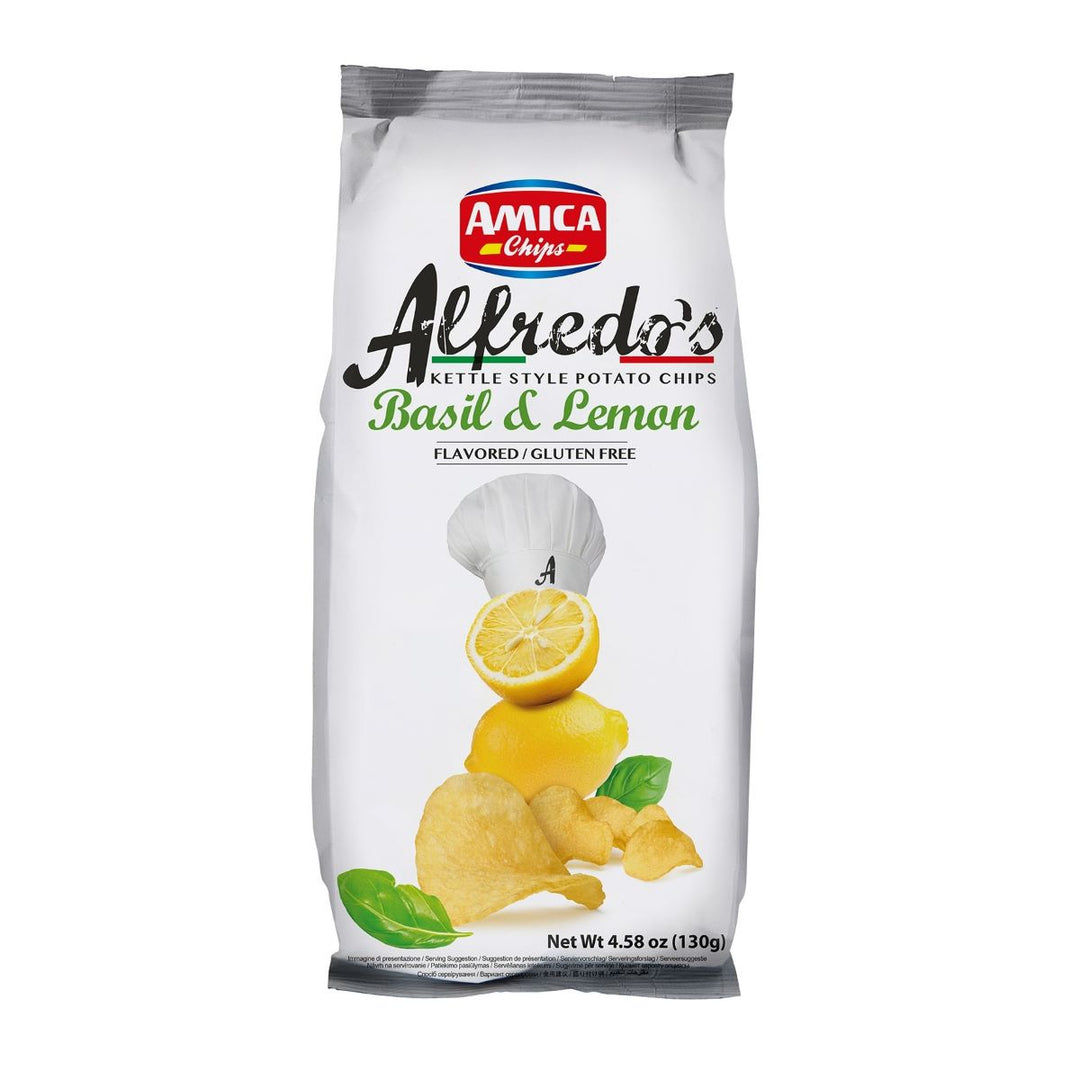 Packung Amica Alfredos Lime & Basil (130g) – italienische Riffelchips mit Limetten- und Basilikumgeschmack in typischer Amica-Verpackung.