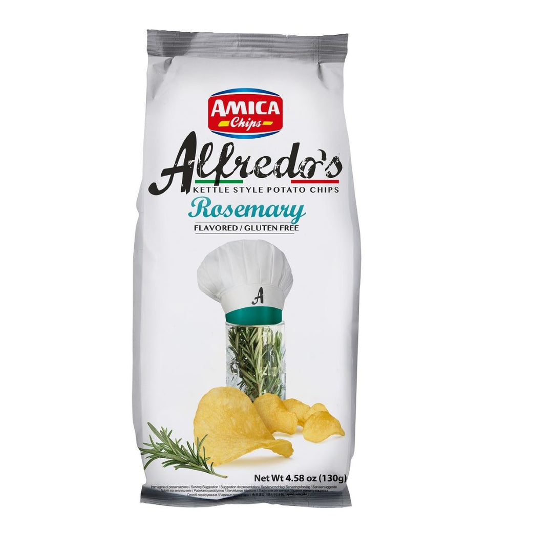 Packung Amica Alfredos Rosemary (130g) – italienische Riffelchips mit aromatischem Rosmarin, verpackt in typischer Amica-Chipstüte.