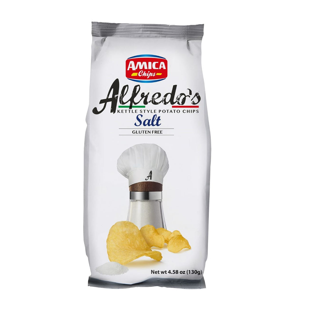 Packung Amica Alfredos Salt (130g) – italienische Riffelchips mit klassischer Salz-Würzung, verpackt im typischen Amica-Design.