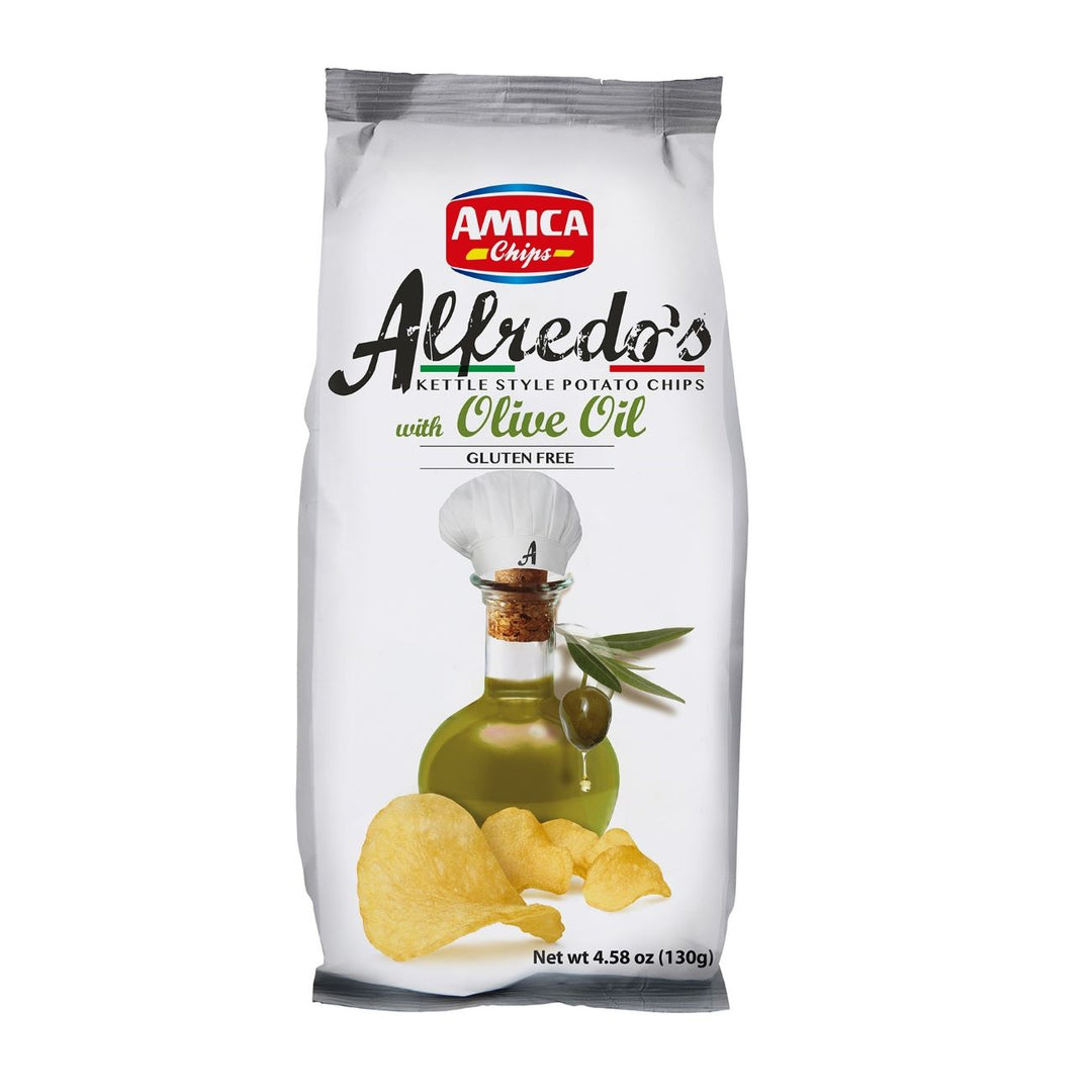 Packung Amica Alfredos Olive (130g) – italienische Riffelchips mit feiner Oliven-Würzung in typischer Amica-Verpackung.