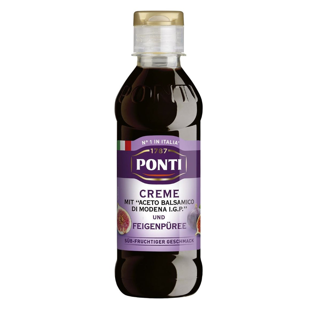 Flasche Ponti Creme Aceto Balsamico Feige (200ml) – cremiger Balsamico mit fruchtiger Feigennote in eleganter Dosierflasche, perfekt zum Verfeinern.
