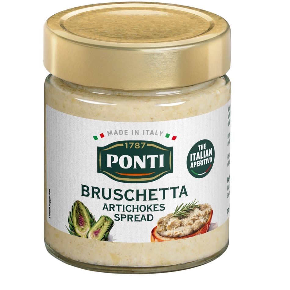 Glas Ponti Bruschetta Artischocke 130 g mit grünem Etikett und Sicht auf die cremige Artischockenpaste im Inneren.