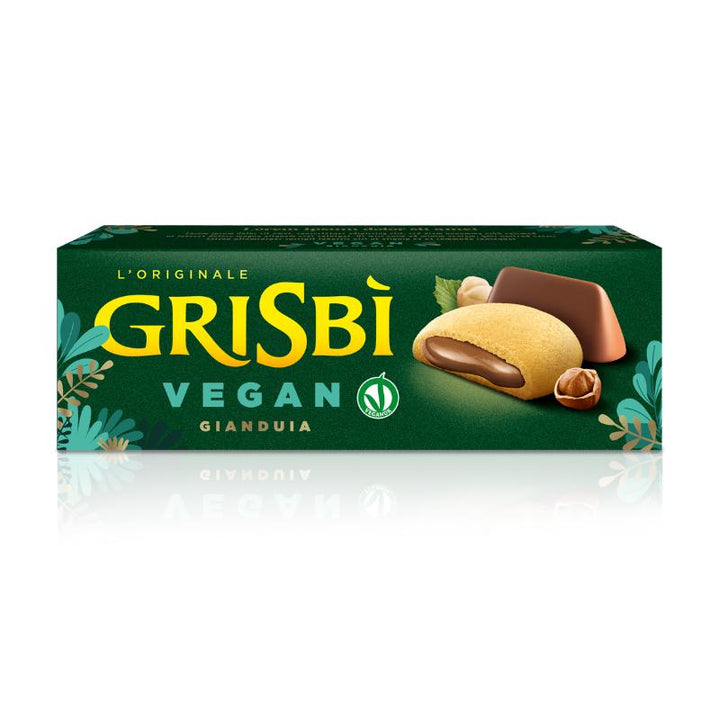 Vicenzi Grisbi Vegan Gianduia Schokokekse auf einem eleganten Teller, umgeben von Haselnüssen, Kakao und veganen Zutaten, perfekt für Feinkost-Liebhaber.