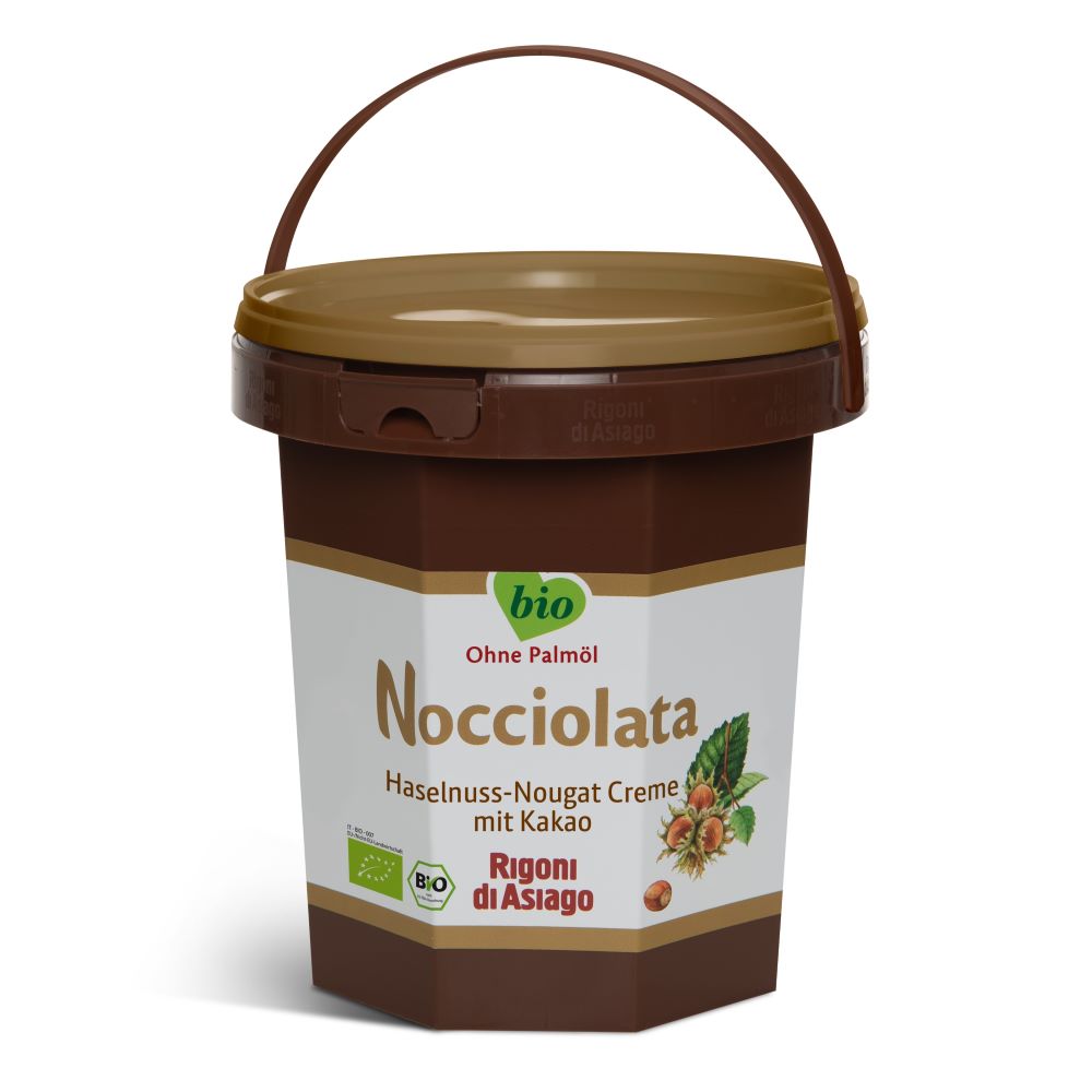 Rigoni Nocciolata BIO Haselnuss-Nougat-Creme in 2,5 kg Großpackung – brauner Eimer mit Bio-Siegel und italienischem Design.
