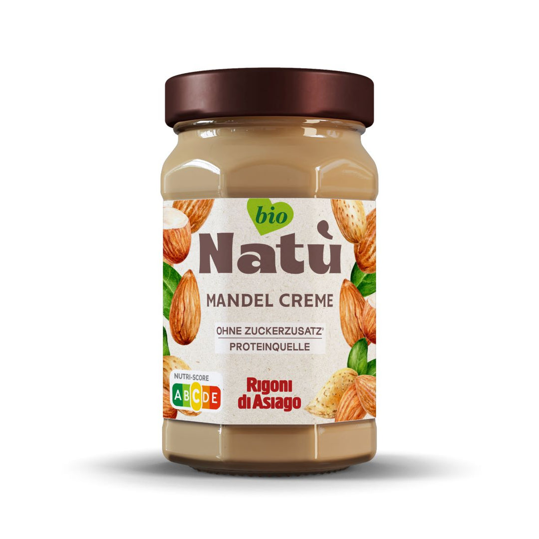Glas Rigoni di Asiago Natú Mandel Creme BIO 220 g – vegane Nusscreme in Bio-Qualität mit hellem Etikett und Mandelabbildung.