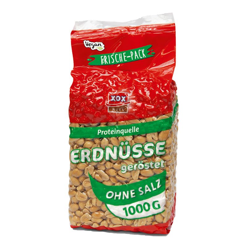 Luftdicht verschlossene 1000g Packung XOX ungesalzene Erdnüsse, geröstet ohne Fett, auf einem hellen Hintergrund.