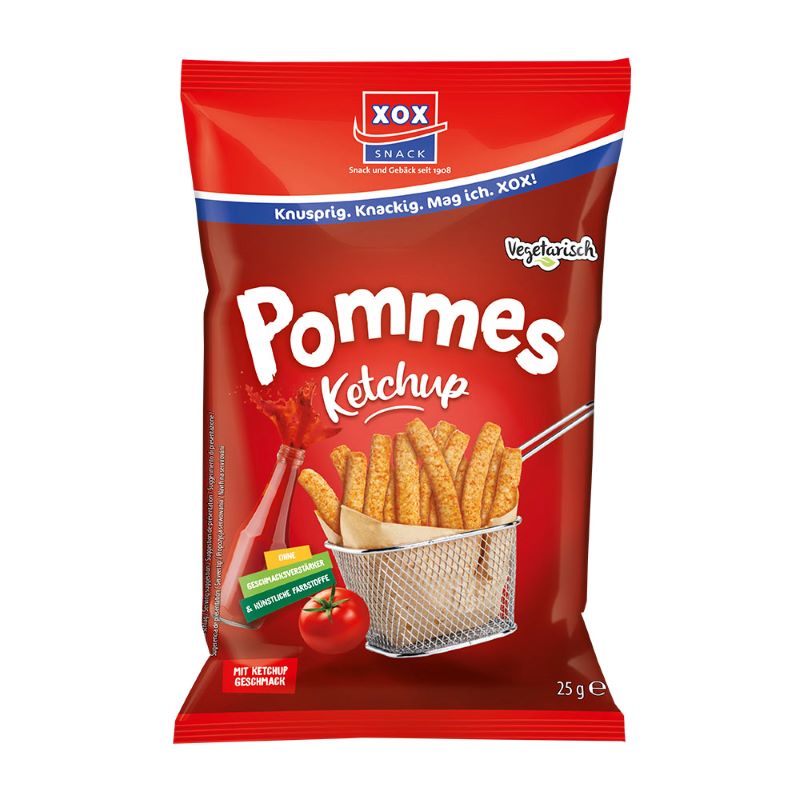 XOX Pommes Snack Ketchup 25g in kleiner Tüte mit knusprigen Pommes und fruchtigem Tomatengeschmack