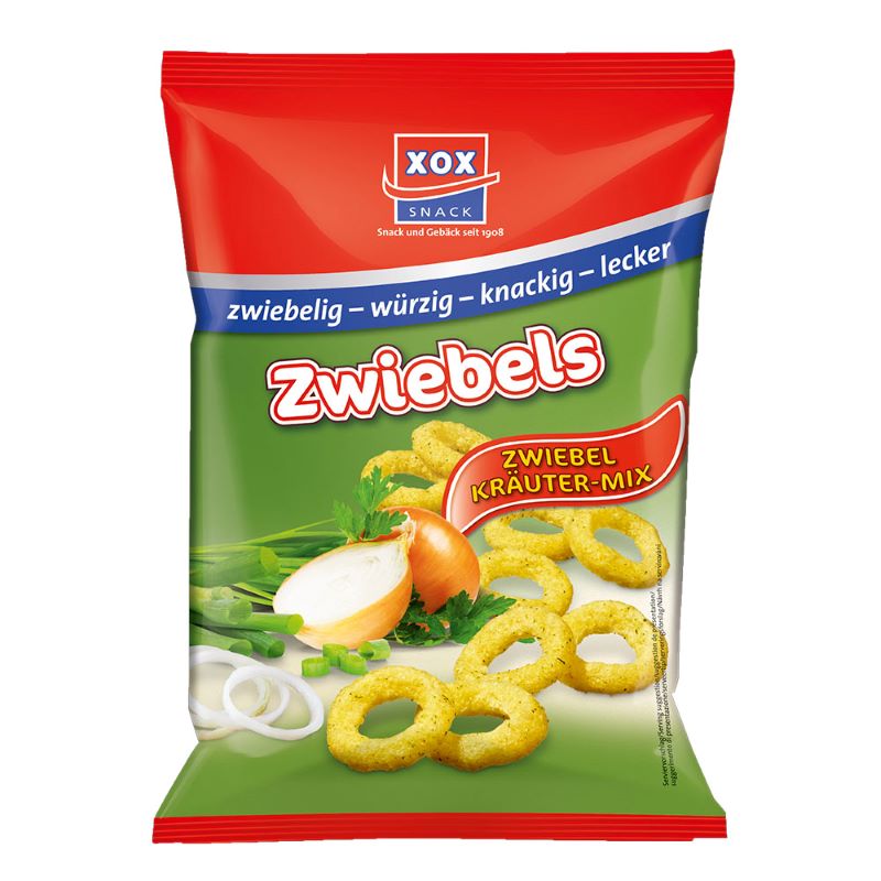 "XOX Zwiebelringe in 40g Tüte, knuspriger salziger Snack mit natürlichem Frühlingszwiebelaroma und Kräutern, ideal für Partys und unterwegs."