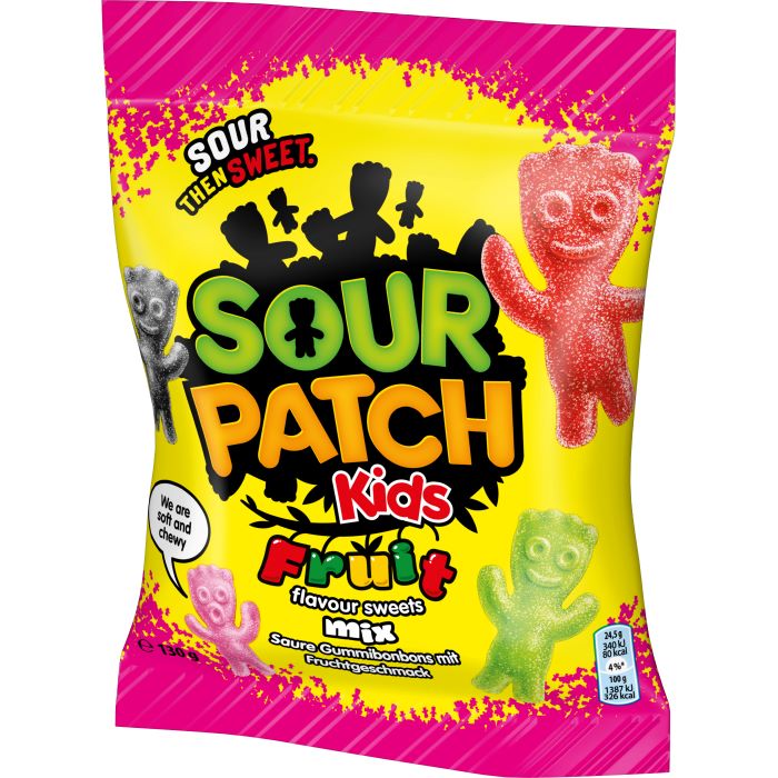 Beutel Maynards Bassetts Sour Patch Fruit Mix (140 g) – saure Fruchtgummis in bunten Farben und fruchtigen Geschmacksrichtungen.