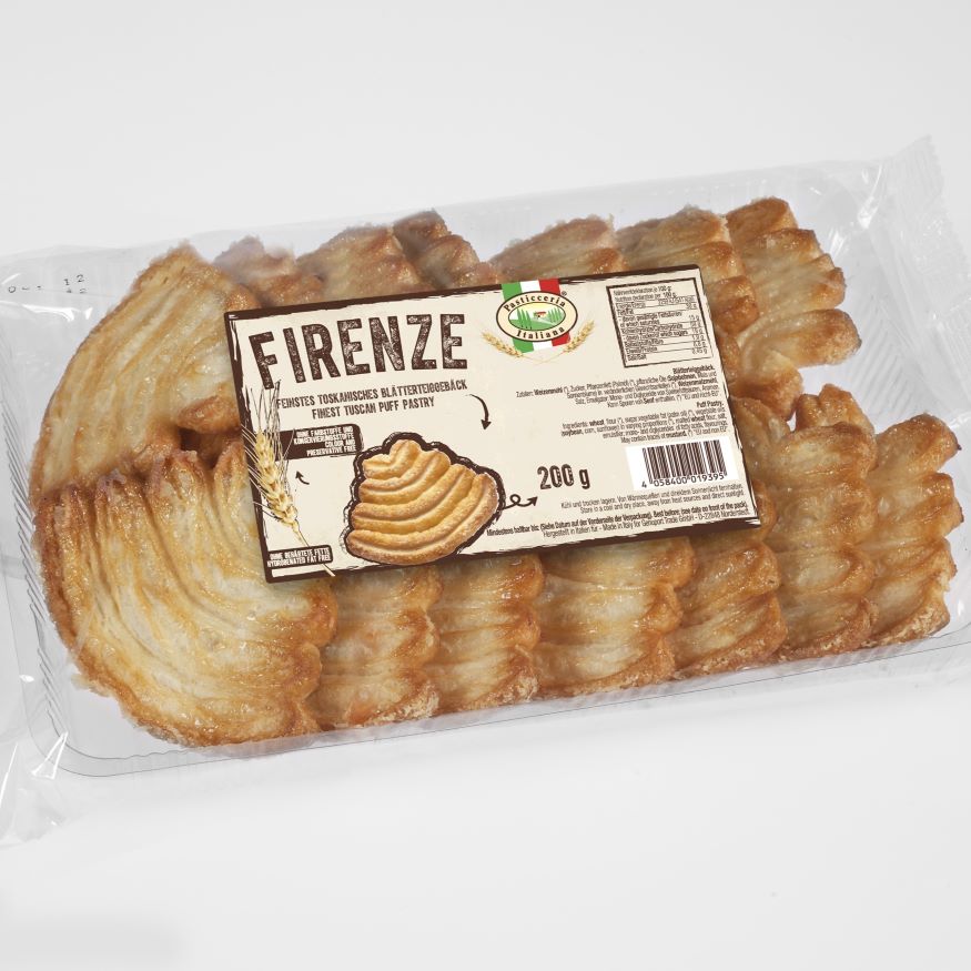 Packung Pasticceria Italiana Blätterteiggebäck Firenze (200g) mit traditionellem, goldbraun gebackenem Blätterteiggebäck aus Florenz – fein, knusprig, italienisch.