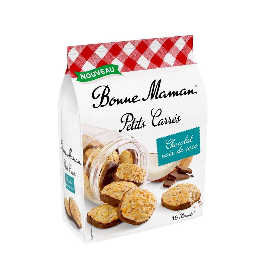 Packung Bonne Maman Carrés Choco Coco (200 g) – quadratisches französisches Mürbegebäck mit Kokosnote und feinem Schokoladenüberzug.