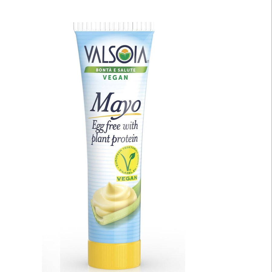 Flasche Valsoia Vegane Mayo (150ml) – pflanzliche Mayonnaise, cremig und ohne Ei, aus hochwertigen Zutaten hergestellt.