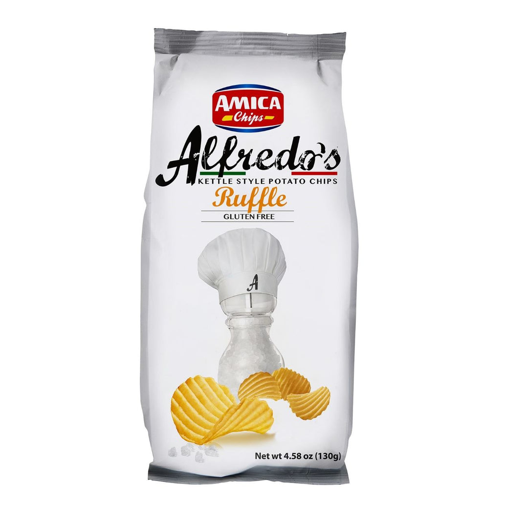 Packung Amica Alfredos Ruffle (130g) – italienische Riffelchips mit intensiver Würze und knuspriger Textur in typischer Amica-Verpackung.