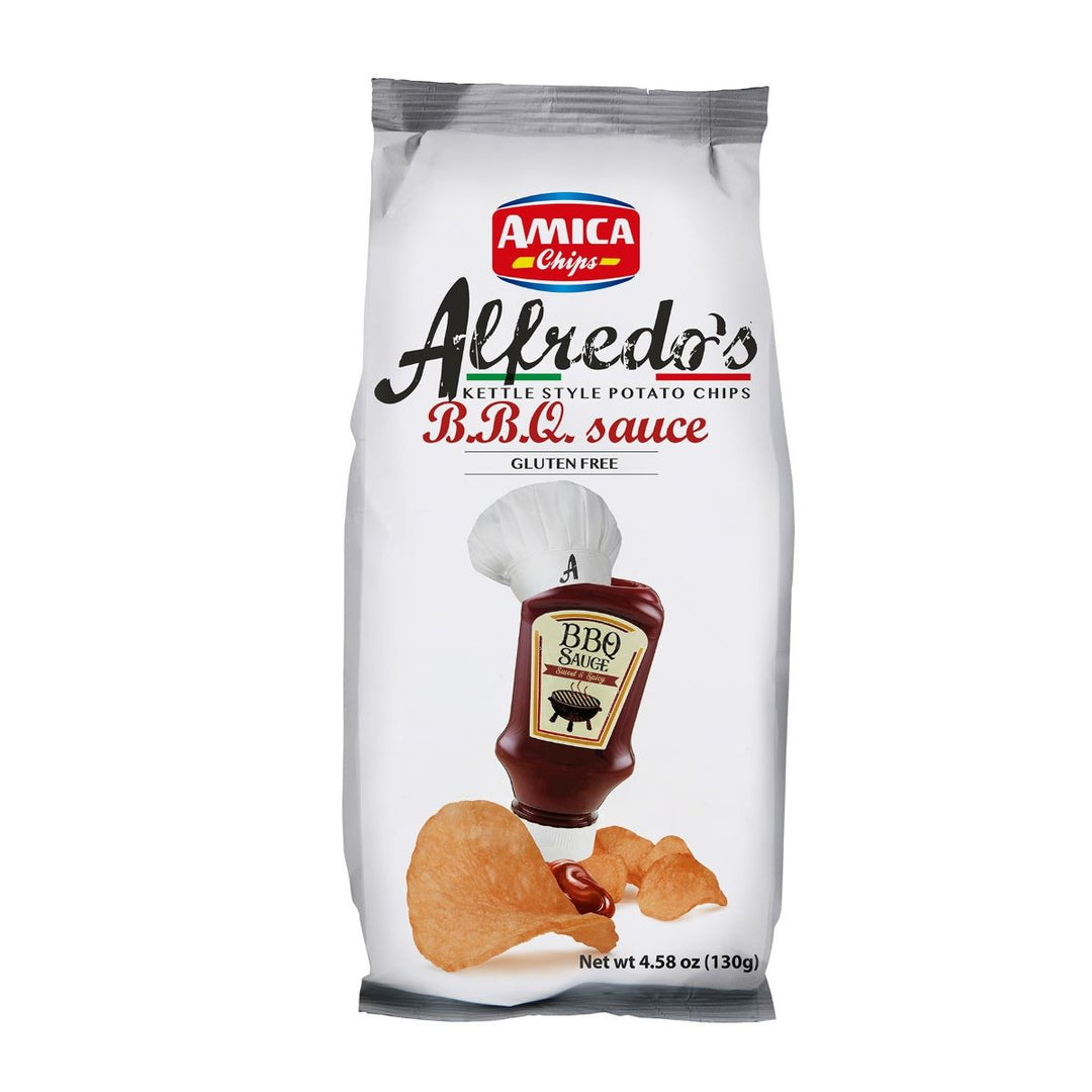 Packung Amica Alfredos Barbecue (130g) – italienische Riffelchips mit intensivem Barbecue-Geschmack in typischer Amica-Verpackung.