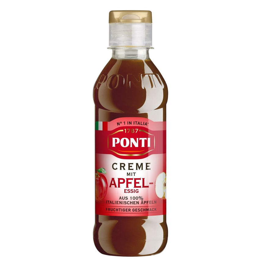 Flasche Ponti Creme mit Apfelessig (240g) – cremiger Apfelessig in praktischer Dosierflasche, ideal zum Verfeinern von Salaten und Gerichten.