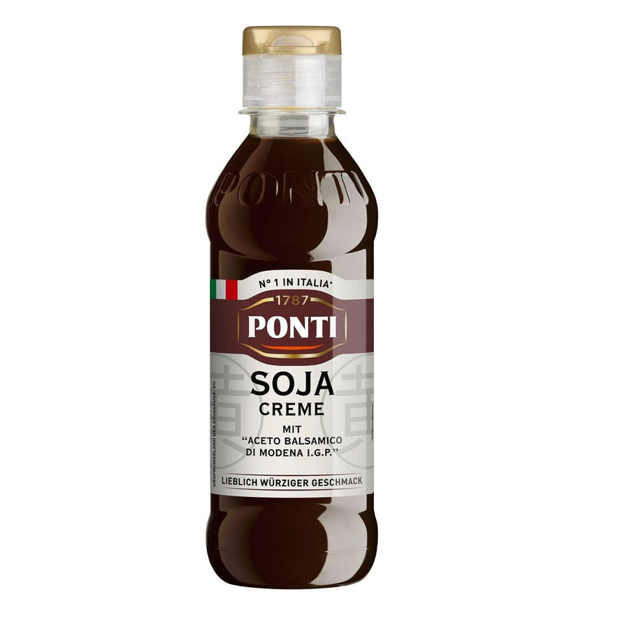 Flasche Ponti Sojacreme mit Aceto Balsamico (240g) – Würzcreme mit Sojasauce und Balsamico di Modena in praktischer Dosierflasche für kreative Küche.
