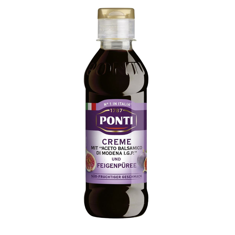 Flasche Ponti Creme Aceto Balsamico Feige (200ml) – cremiger Balsamico mit fruchtiger Feigennote in eleganter Dosierflasche, perfekt zum Verfeinern.
