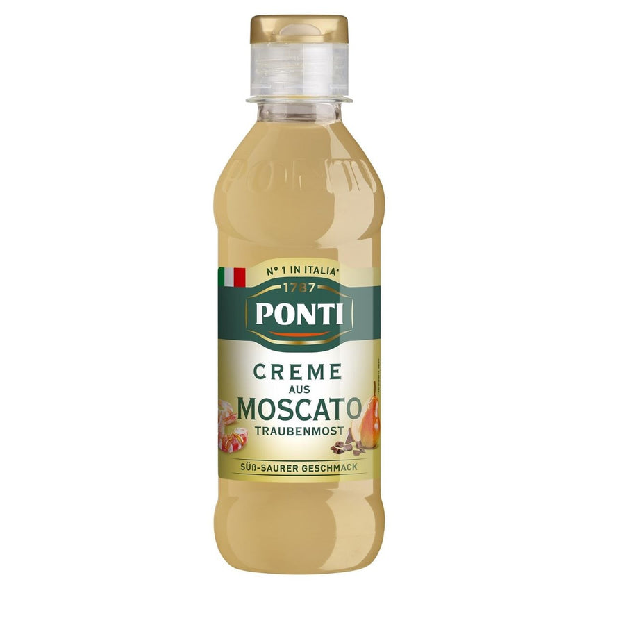 Flasche Ponti Creme aus Moscato-Traubenmost (235g) – fruchtige, samtige Würzcreme mit edlem Moscato, perfekt zum Verfeinern von Salaten und Speisen.