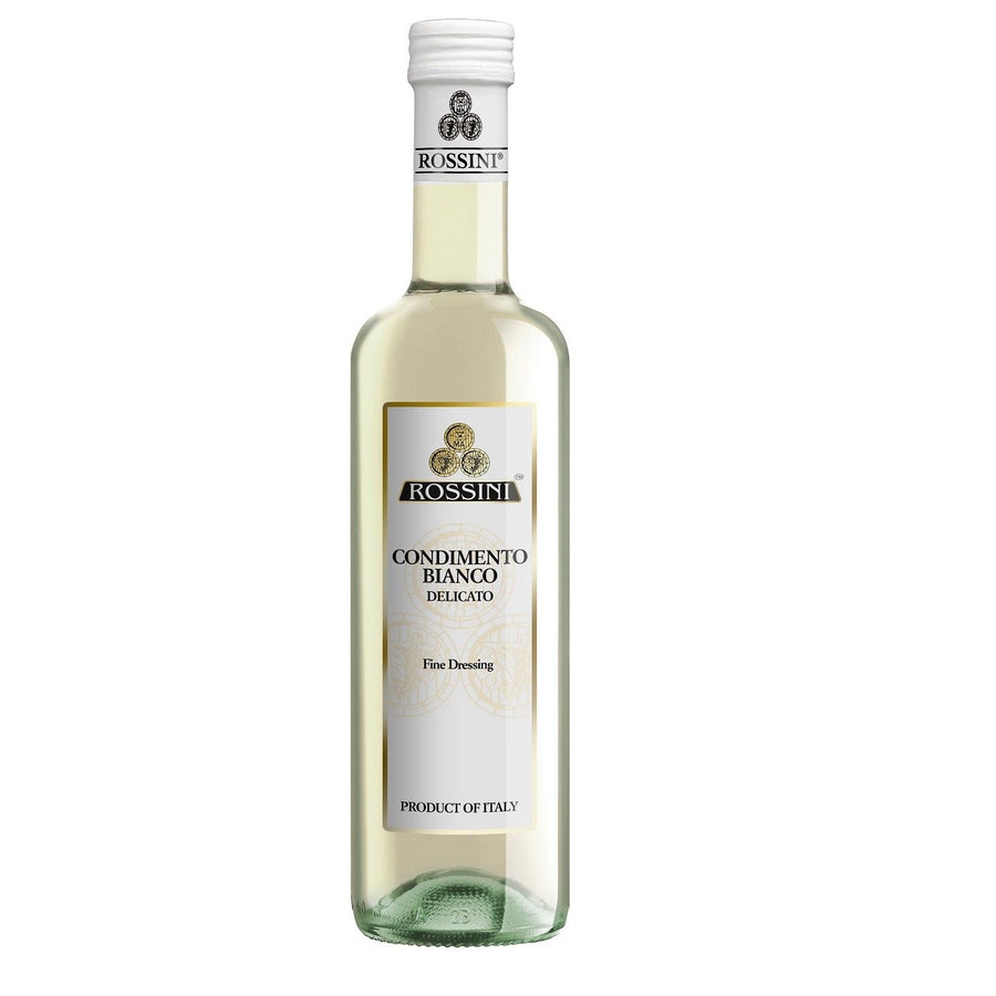 Flasche Rossini White Condiment (500ml) – heller Würzessig auf Traubenmostbasis in edler Flasche, ideal für feine, helle Speisen und Salatdressings.