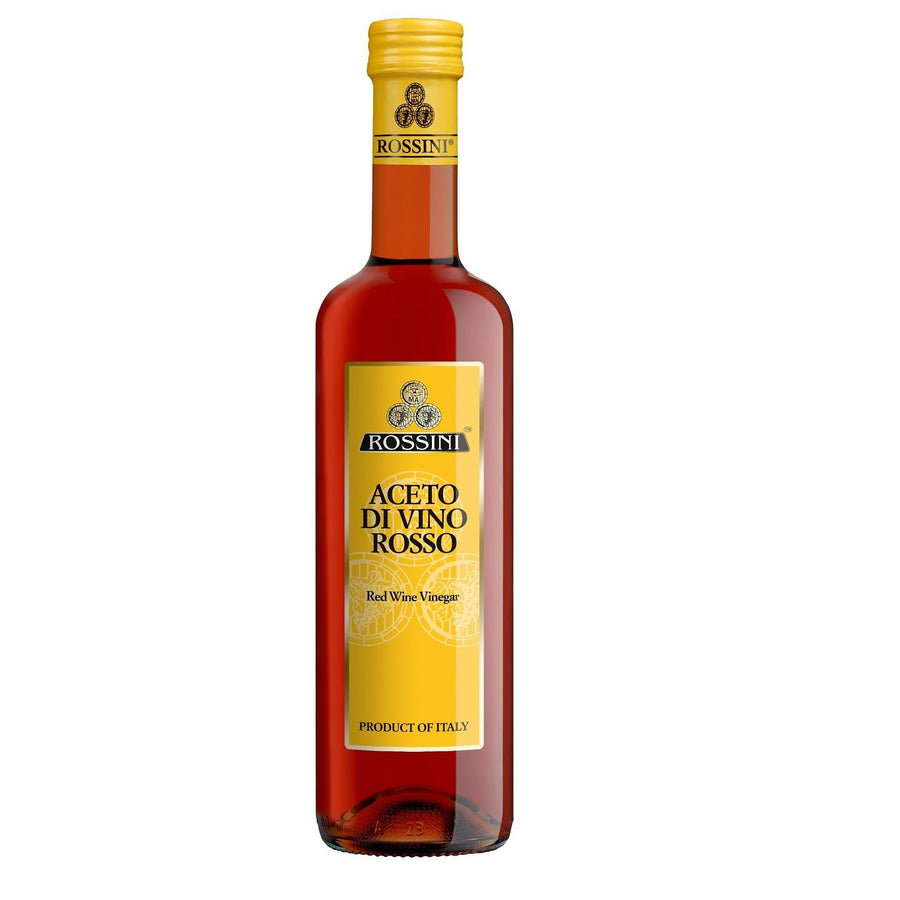 Flasche Rossini Rotweinessig (500ml) – klassischer italienischer Essig aus Rotwein in eleganter Glasflasche, ideal für würzige Gerichte und Marinaden.