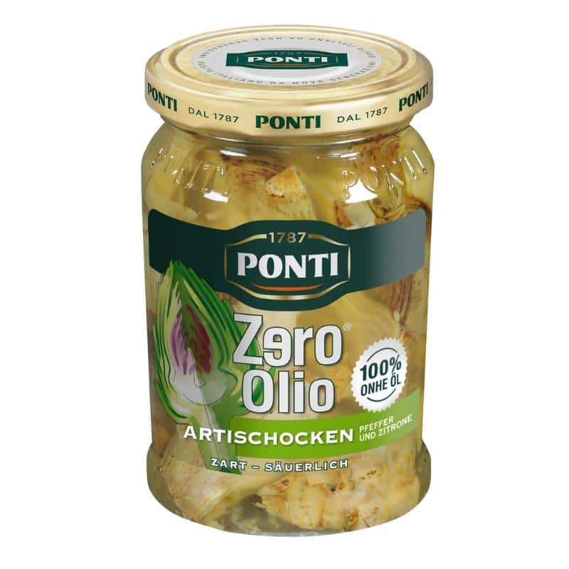 Ponti Zero Olio Artischocken in einem Glas, perfekt als fettfreie italienische Antipasti ohne Öl, verfeinert mit Ponti Weißweinessig