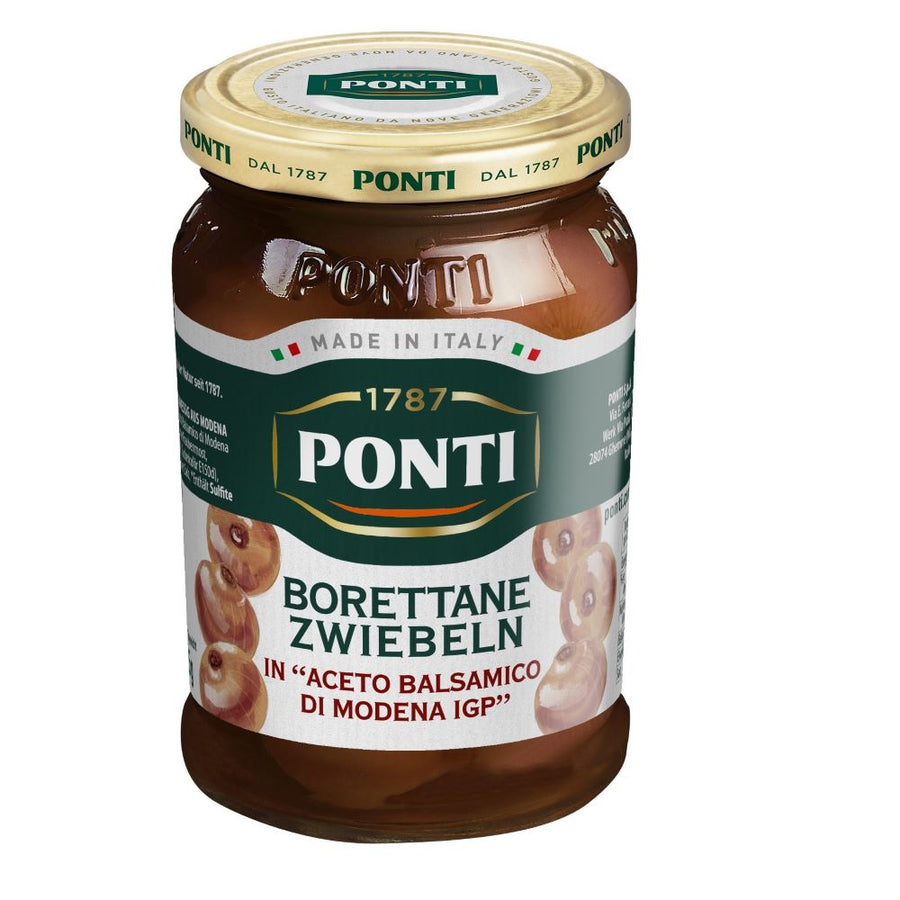 Glas Ponti Borettane Zwiebeln (300 g) – italienische Perlzwiebeln in Balsamico di Modena, stilvoll verpackt in hochwertigem Glas.