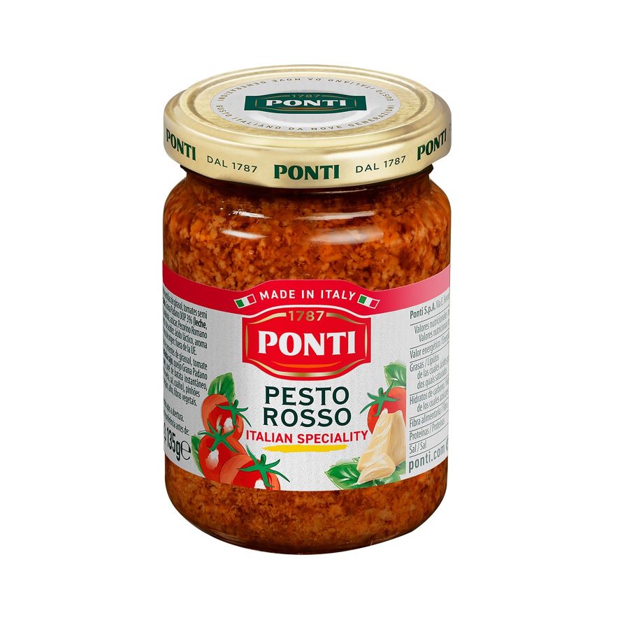 Glas Ponti Pesto Rosso (135g) mit rotem Tomatenpesto, italienischem Etikett und typischer Verpackung – herzhafter Geschmack aus Italien.