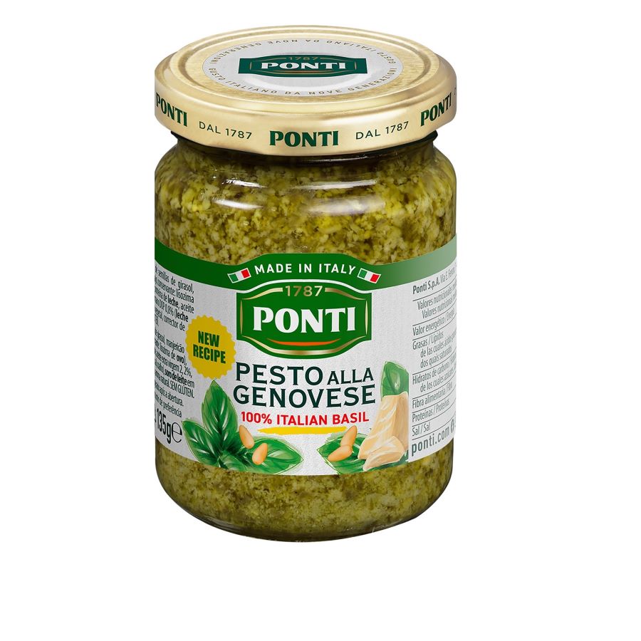 Glas Ponti Pesto alla Genovese (135g) mit grünem Basilikum-Pesto, italienischem Label und typischer Verpackung – authentischer Geschmack aus Italien.