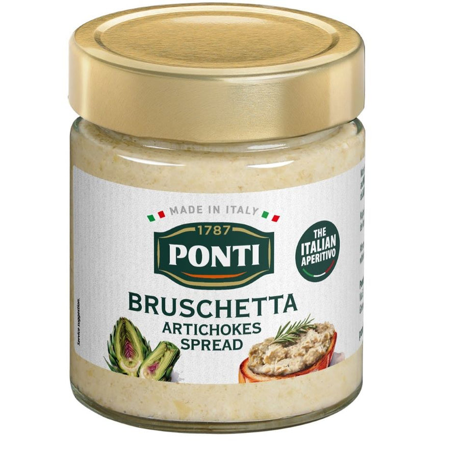 Glas Ponti Bruschetta Artischocke 130 g mit grünem Etikett und Sicht auf die cremige Artischockenpaste im Inneren.