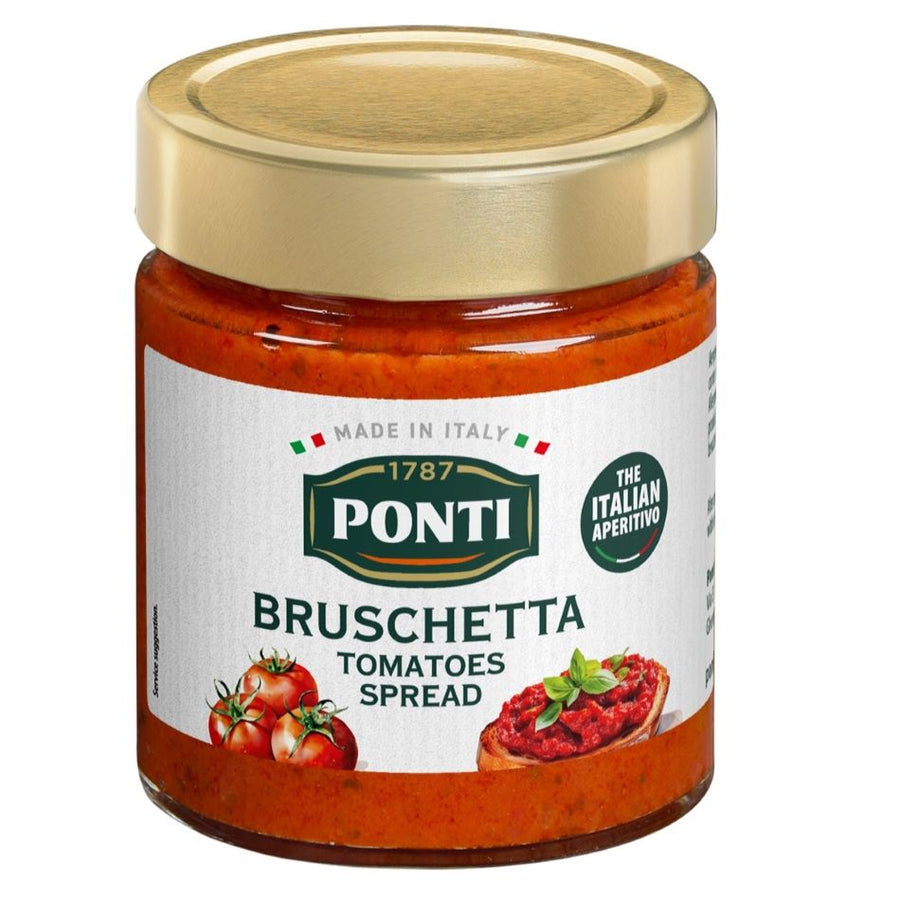 Glas Ponti Bruschetta Tomate 130 g mit rotem Etikett, gefüllt mit aromatischer Tomatenpaste, gut sichtbar durch das Glas.