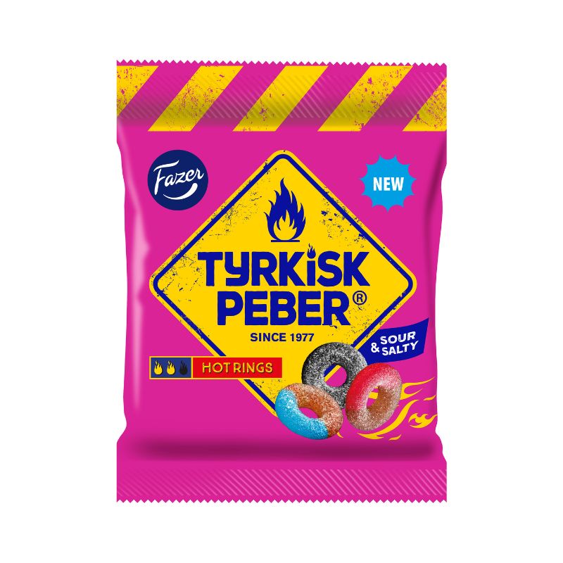 Fazer Tyrkisk Peber Hot Rings – 120g Beutel mit scharfen Lakritz-Ringen in den Geschmacksrichtungen Zitrone-Limette, Kiwi-Erdbeere und klassisches Lakritz. Skandinavische Süßigkeit mit feurigem Kick.
