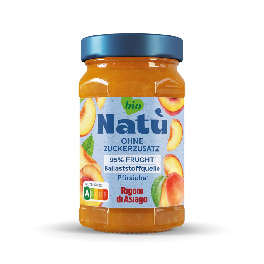 Glas Rigoni di Asiago Natú Pfirsich BIO 240 g – Fruchtaufstrich ohne Zuckerzusatz in Bio-Qualität, mit Illustration von Pfirsichen auf dem Etikett.