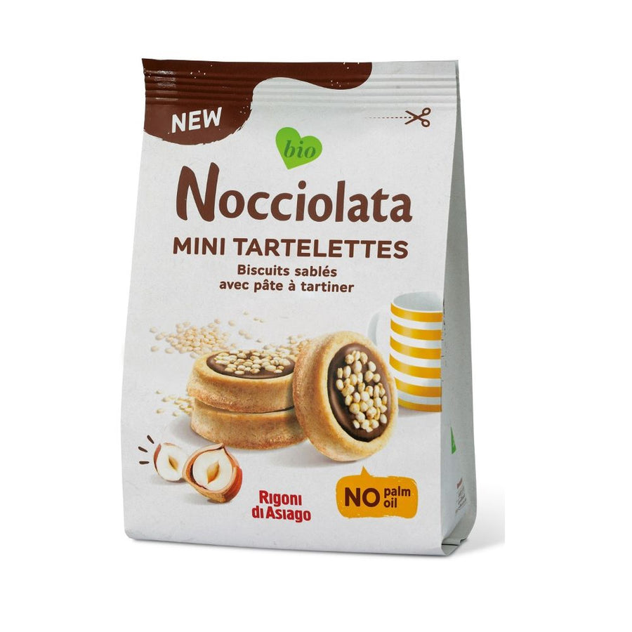 Packung Nocciolata Rigoni di Asiago Tartelettes Bianca (250g) mit hell gefüllten Mürbeteigkeksen – Bio-Snack mit cremiger Haselnussfüllung aus Italien.

