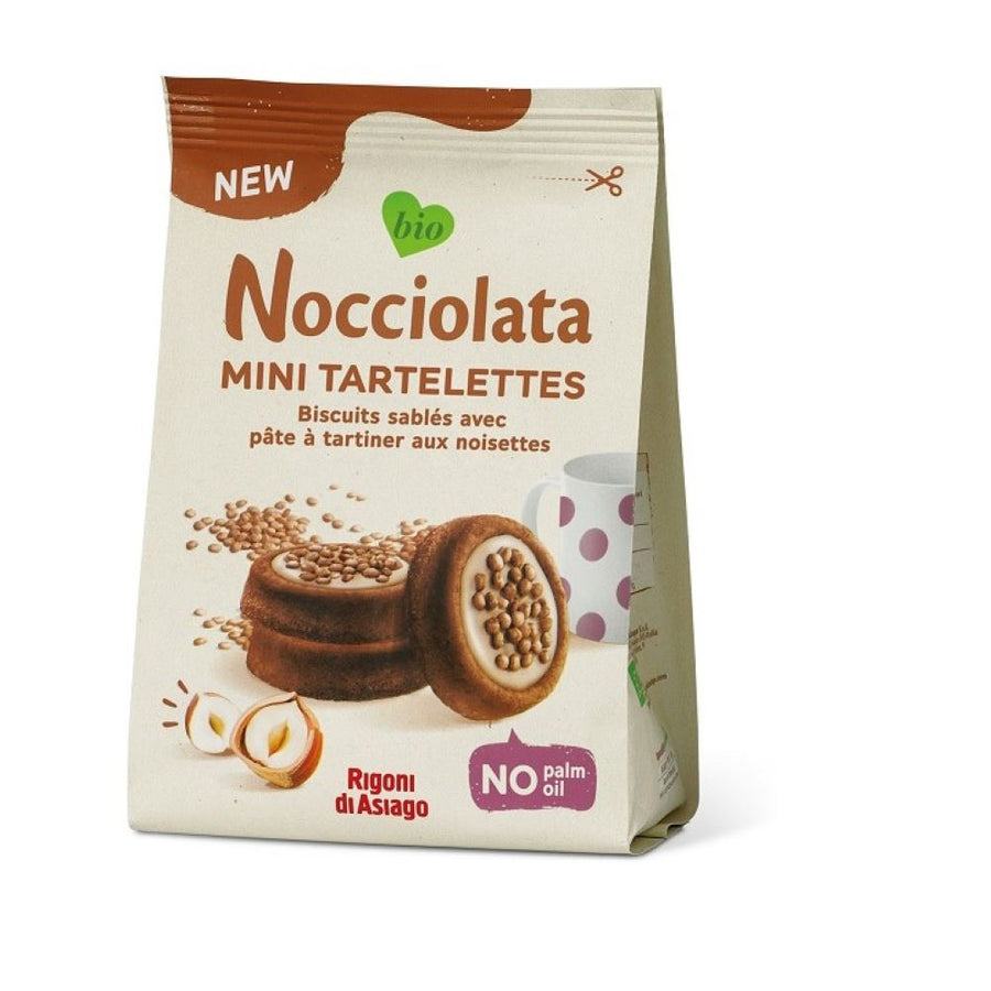 Packung Nocciolata Rigoni di Asiago Tartelettes (250g) mit hell gefüllten Mürbeteigkeksen – Bio-Snack mit cremiger Haselnussfüllung aus Italien.