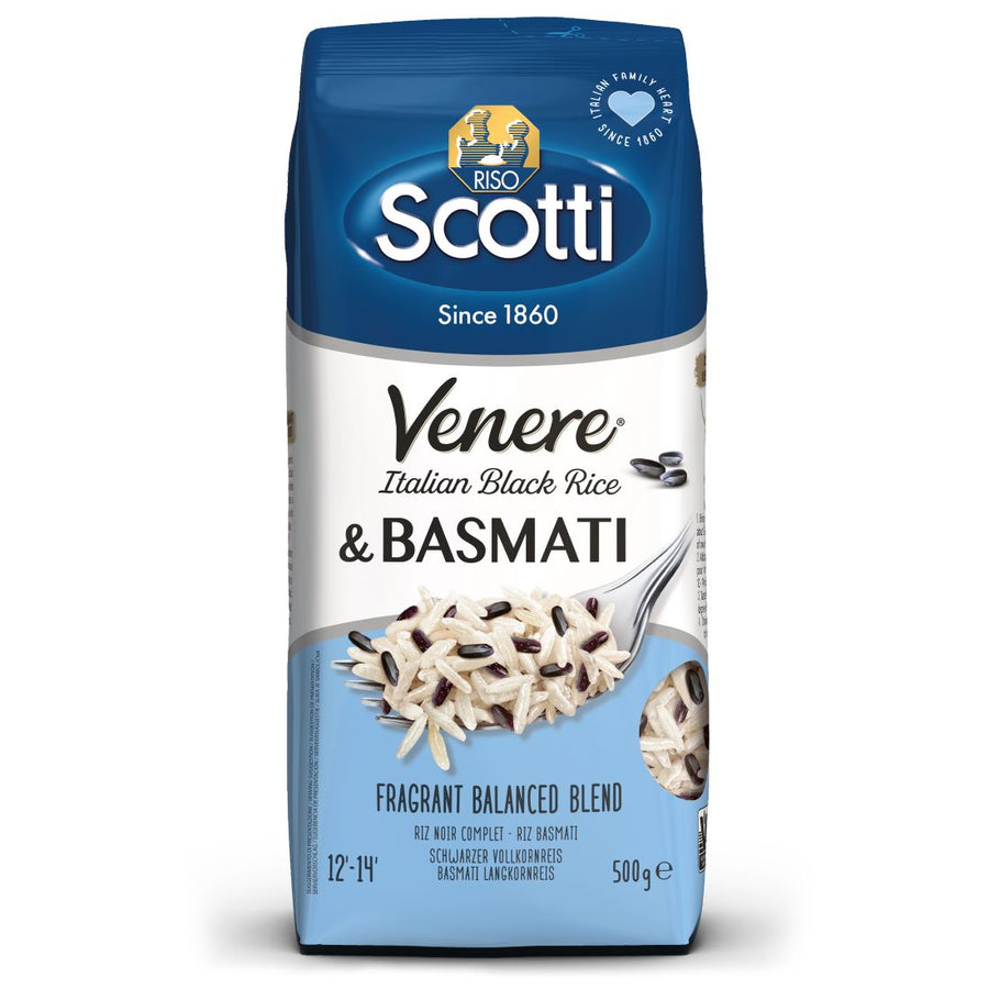 Packung Riso Scotti Venere & Basmati (500 g) – edle Reismischung aus schwarzem Venere-Reis und duftendem Basmati, ideal für kreative Küche.