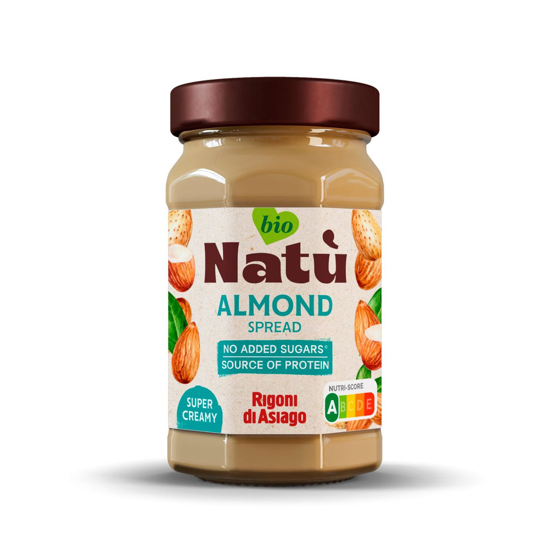 Glas Rigoni di Asiago Natú Mandel Creme BIO (220 g) – vegane Nusscreme aus 100 % Bio-Mandeln in hochwertigem Glas mit Naturdesign.