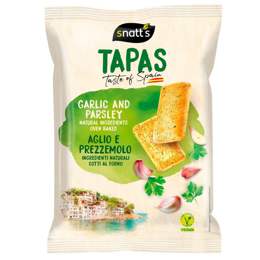 Snatt’s Tapas Knoblauch & Petersilie (120 g) – knuspriger, ofengebackener Tapas-Snack mit würziger Kräuternote in praktischer Beutelverpackung.