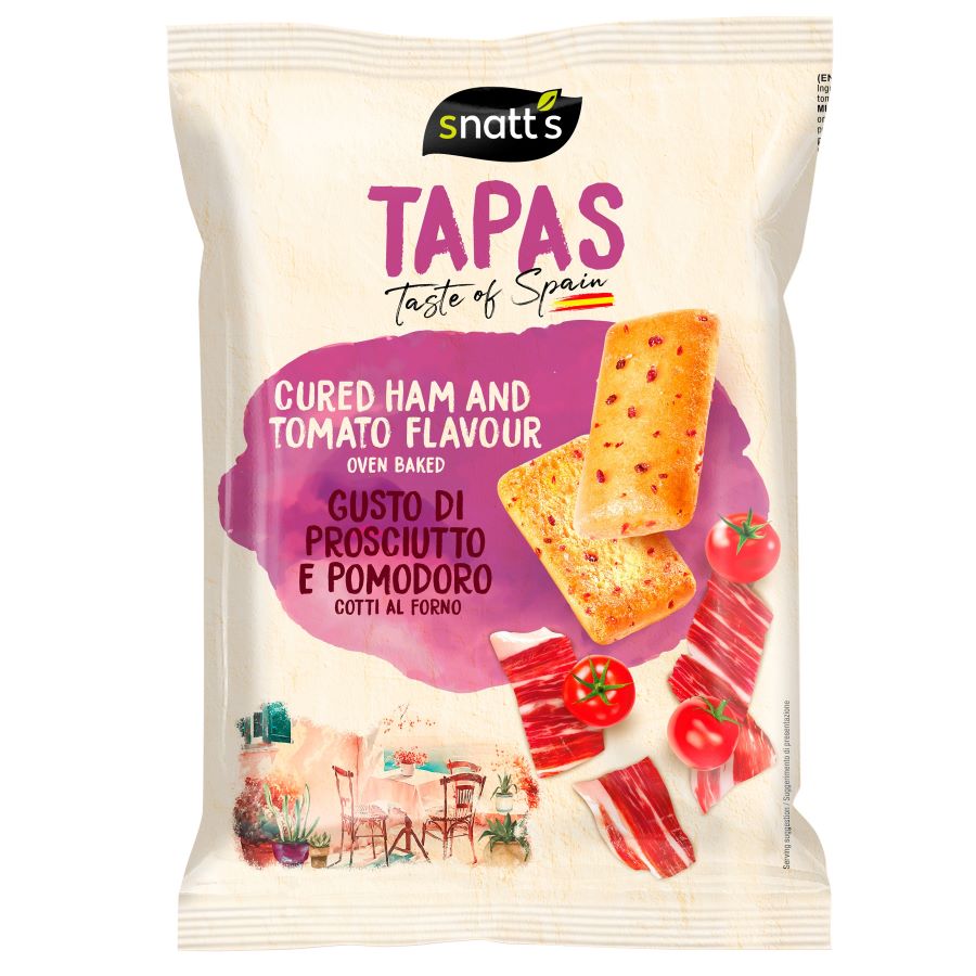 Snatt’s Tapas Schinken & Tomate (120 g) – ofengebackener Snack mit würzigem Schinken- und Tomatengeschmack in mediterraner Beutelverpackung.