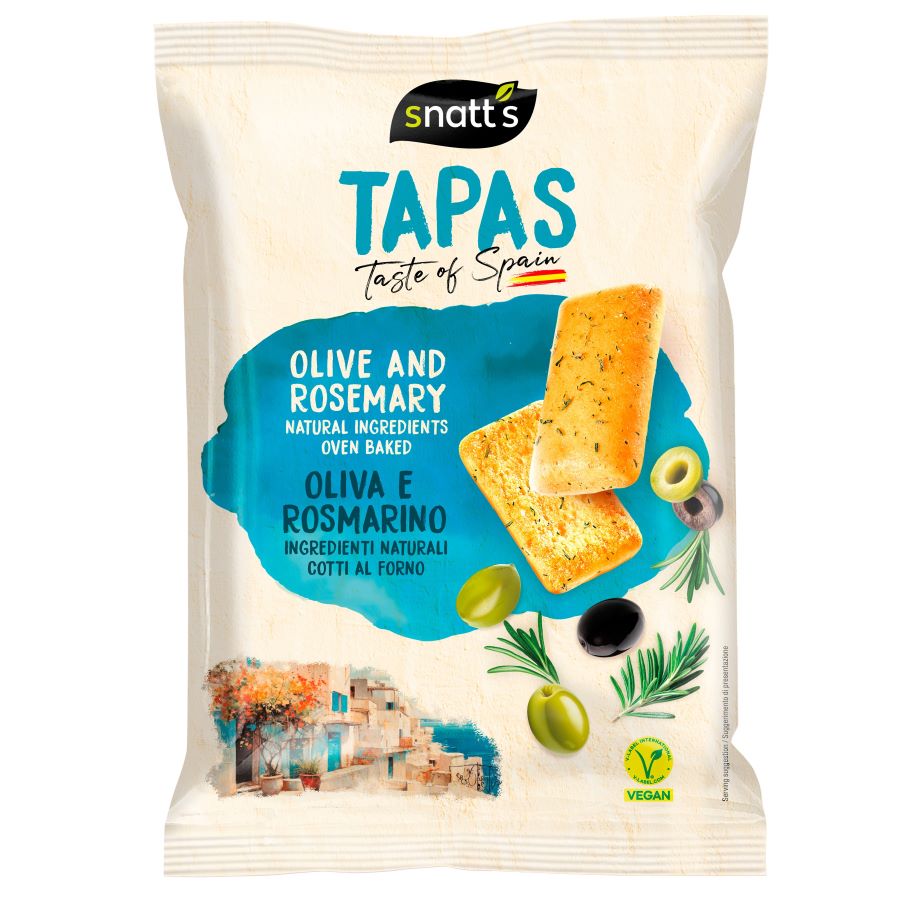Snatt’s Tapas Olive & Rosmarin (120 g) – ofengebackene Tapas-Stückchen mit Olivengeschmack und Rosmarin in mediterraner Verpackung.