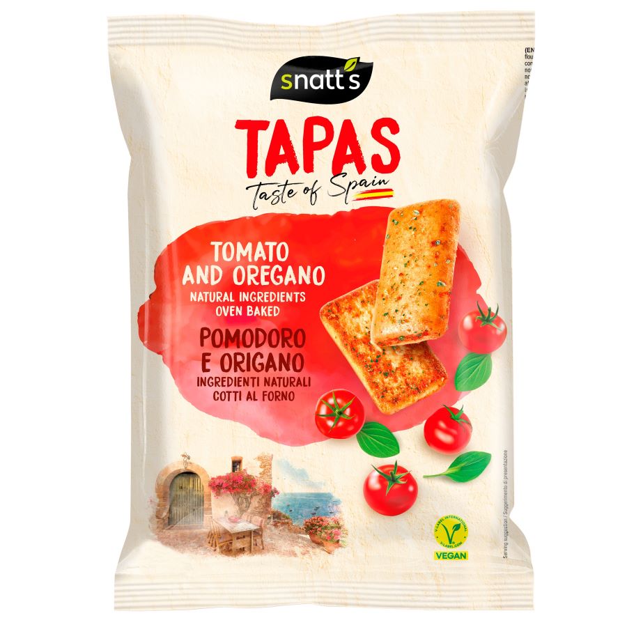 Snatt’s Tapas Tomate & Oregano (120 g) – ofengebackene, knusprige Snack-Stückchen mit mediterraner Tomaten-Oregano-Würzung in moderner Verpackung.