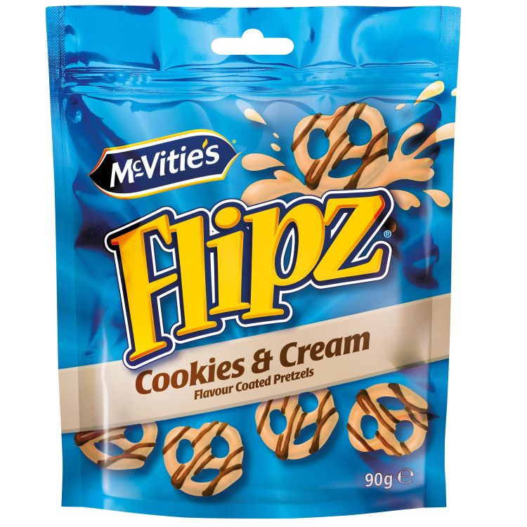 McVitie’s Flipz Cookies & Cream (90 g) – Brezelsnack mit süß-salziger Cookies-&-Cream-Schokolade im praktischen Beutel.