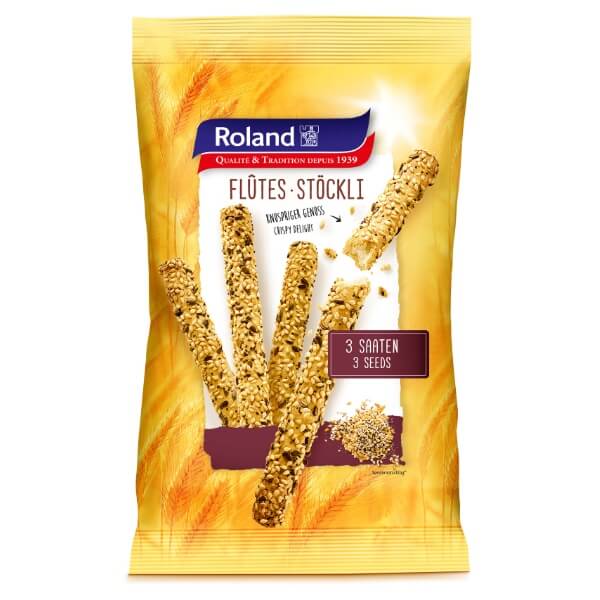 Roland Flûtes Stöckli Gebäckstangen Grissini 3 Saaten - 125g Verpackung