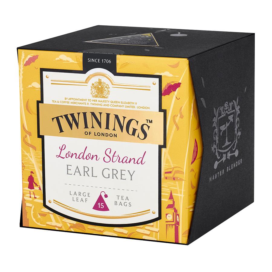 Der hochwertige Twinings London Strand Earl Grey Tee im Pyramiden-Beutel aus Seide