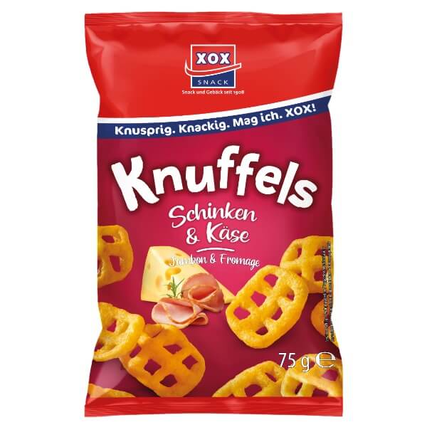 XOX Knuffels Maissnack mit Schinken & Käse Geschmack in der 75g Verpackung
