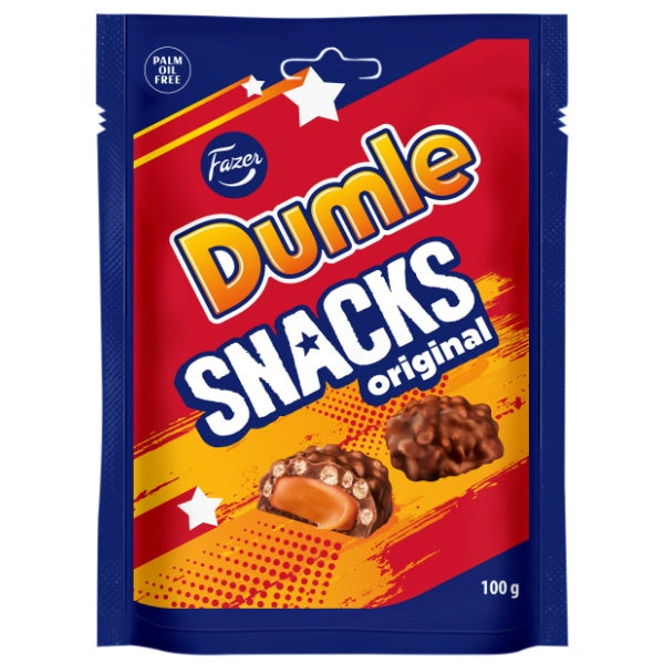 Fazer Dumle Snacks Knusperreis Schokolade gefüllt mit Toffee in der 100g Verpackung